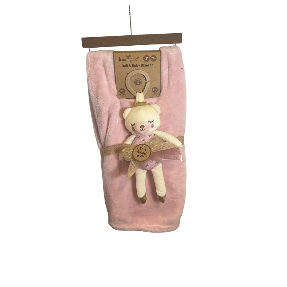 Dreamgro Pink Plush Baby Blanket and Bear‎ Doll Set DB129-PK 30x40 New